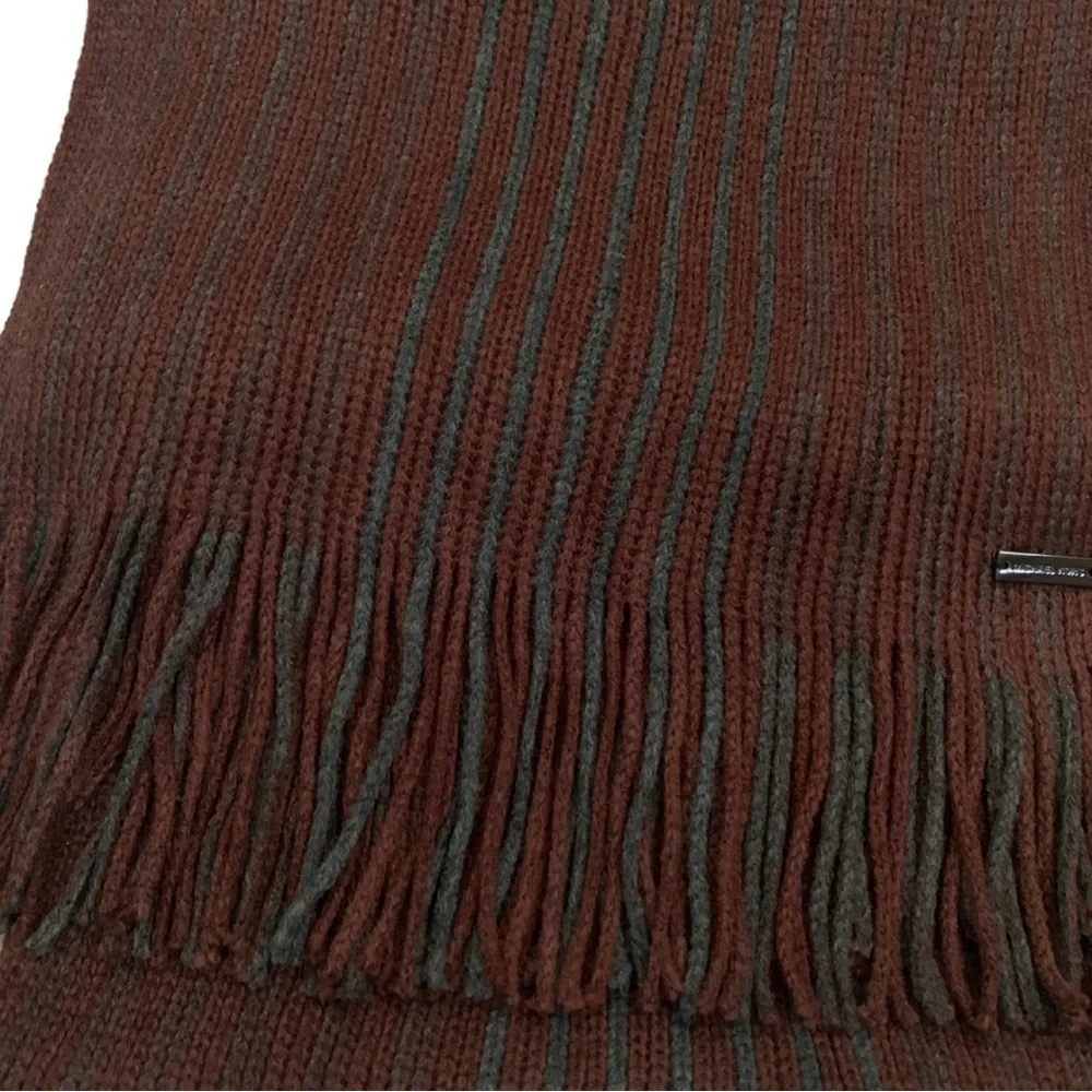 2/$30 Michael Kors Knit Fringed Stripes Scarf Gray Wine Classic Preppy Grandpa